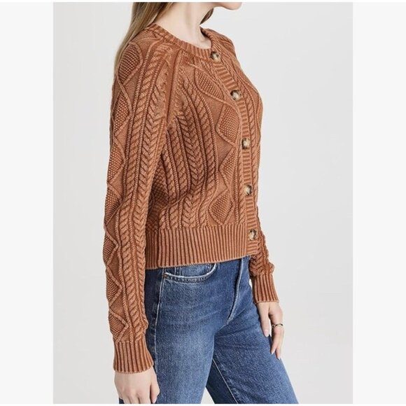 Faherty Sunwashed Cable Knit Cardigan Sweater Medium Women Brown Cotton Organic - Picture 12 of 12